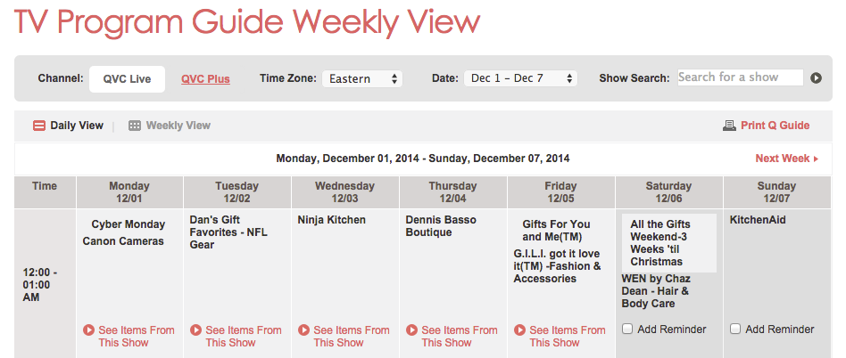 QVC TV Program Guide Weekly View for December 1, 2014-December 7, 2014