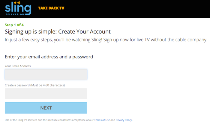 Sign up for Sling TV web form