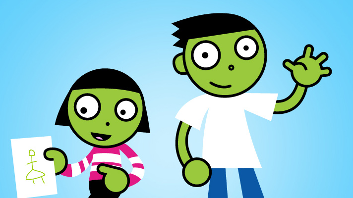 PBS cartoon image of a boy and a girl on a blue backdrop