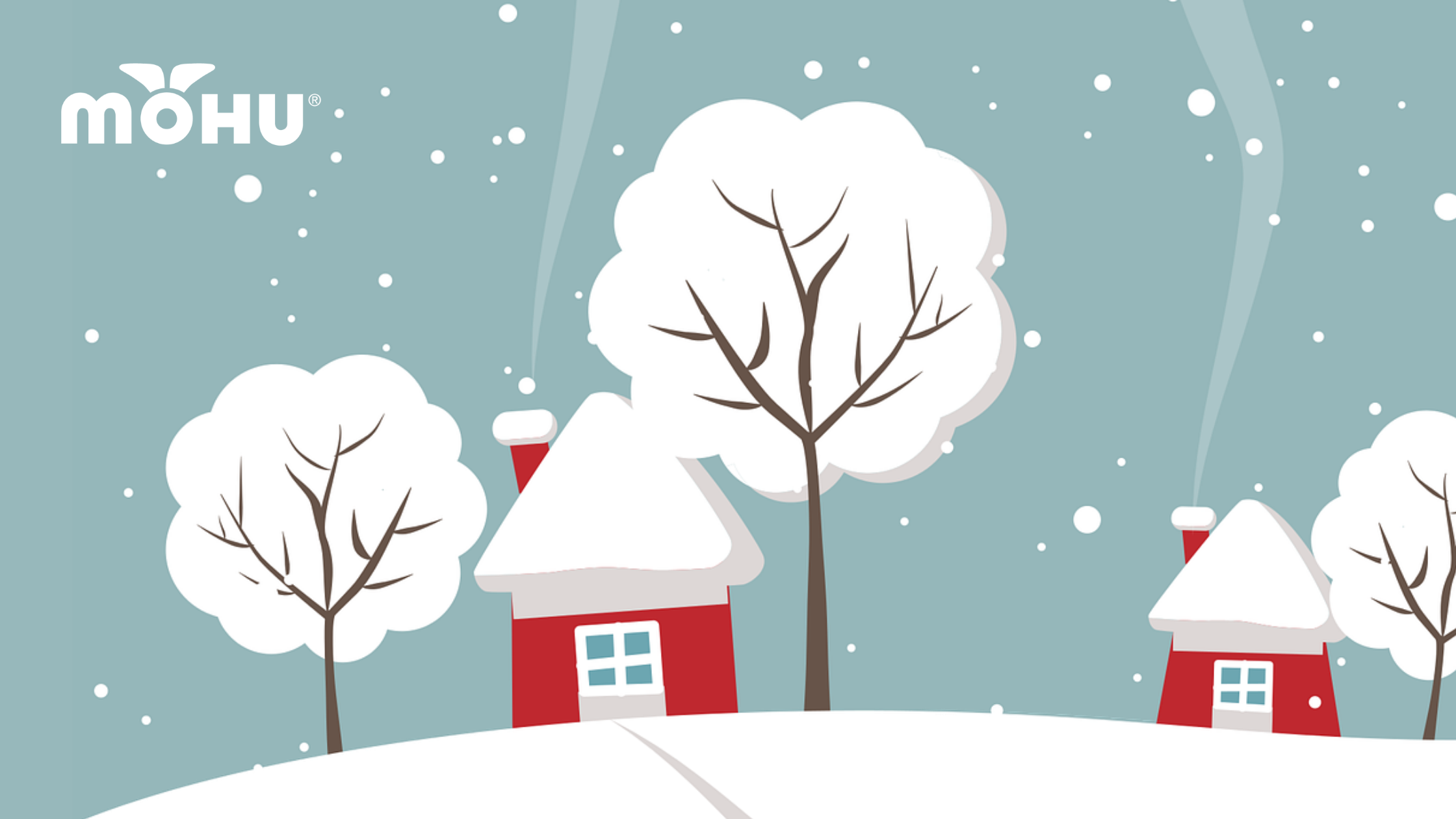 Cartoon of Winter town, snow on trees and houses with Mohu Logo
