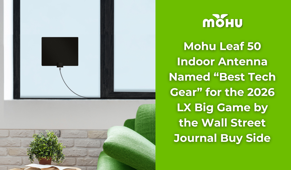 Pic of the Mohu Leaf 50 TV antenna in the window above the sofa and end table. Mohu Leaf 50 Indoor Antenna named best tech gear for the LX big game by the Wall Street Journal Buys Side